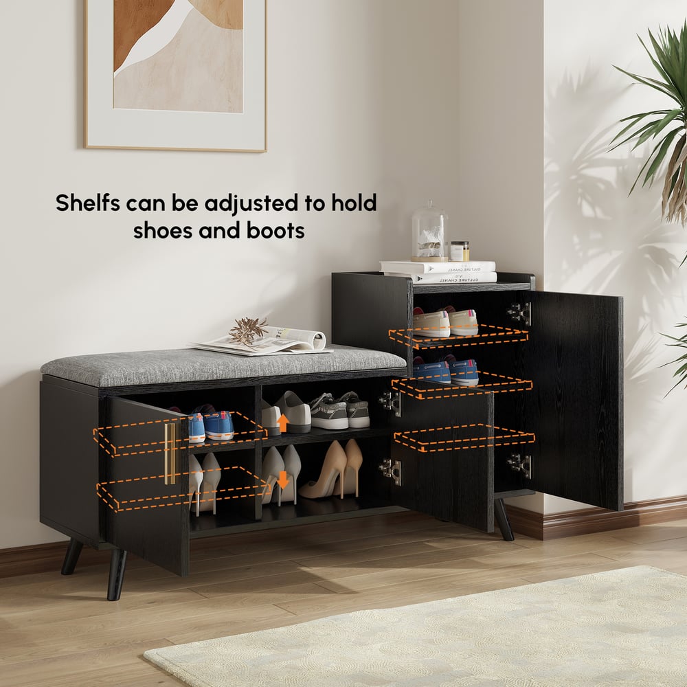 Black Wooden Shoe Storage Bench with Right-Side Cabinet for Entryway (47") window image