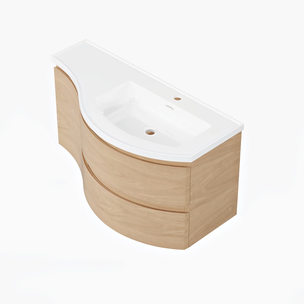 35.4" Floating Curved Bathroom Vanity Natural Right Offset Single Sink Bathroom Cabinet window image