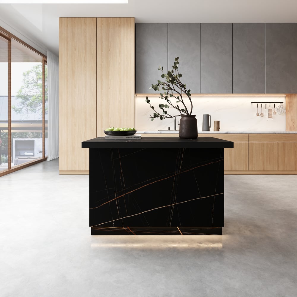 Armoire de cuisine de rangement en bois noir Japandi Kitchen Island 1270 mm avec lumière image de fenêtre