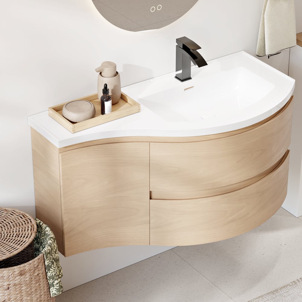 35.4" Floating Curved Bathroom Vanity Natural Right Offset Single Sink Bathroom Cabinet window image