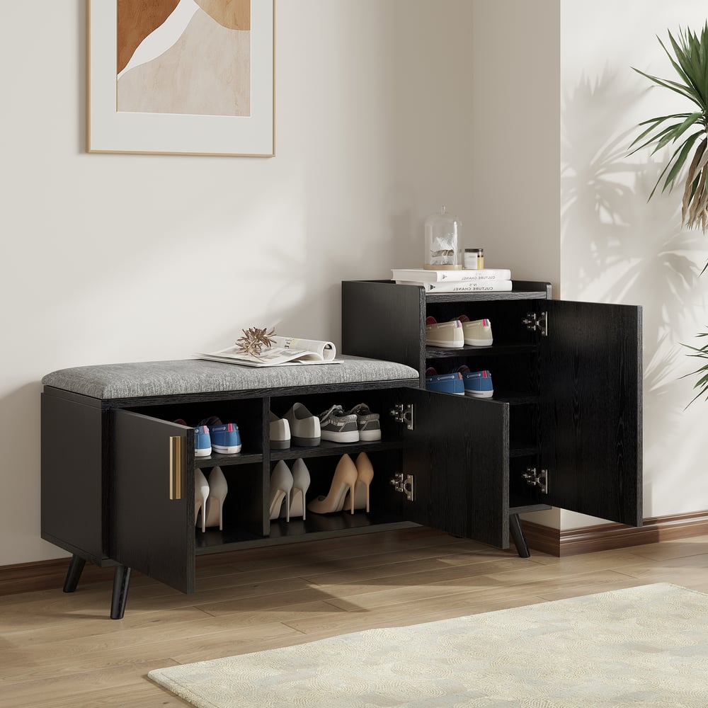 Black Wooden Shoe Storage Bench with Right-Side Cabinet for Entryway (47") window image