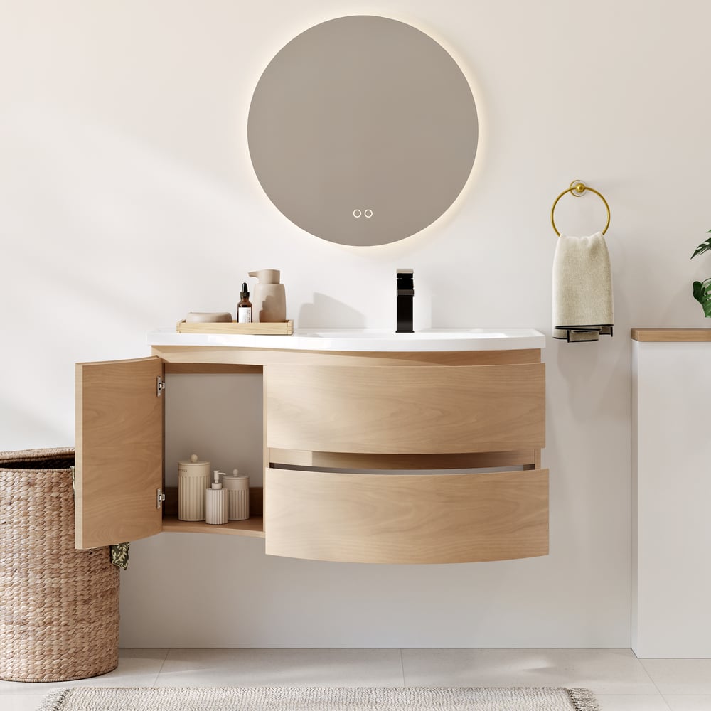 35.4" Floating Curved Bathroom Vanity Natural Right Offset Single Sink Bathroom Cabinet window image