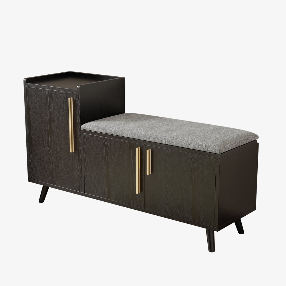 Banco de armazenamento de sapatos de madeira preta de 1200 mm com 3 portas e 5 prateleiras para entrada Imagem da janela