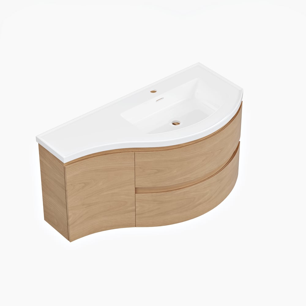 35.4" Floating Curved Bathroom Vanity Natural Right Offset Single Sink Bathroom Cabinet window image