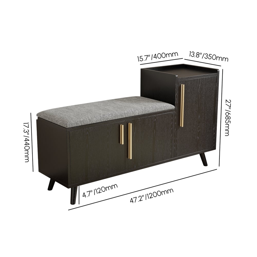 Black Wooden Shoe Storage Bench with Right-Side Cabinet for Entryway (47") weights dimensions image
