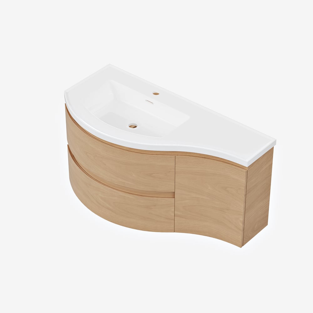 900mm Floating Curved Bathroom Vanity Natural Left Offset Single Sink Bathroom Cabinet window image