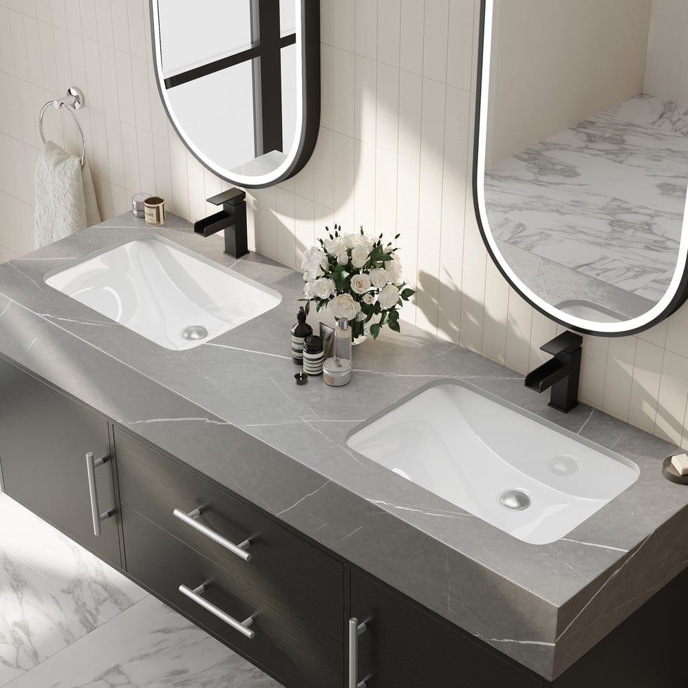 Vanité de salle de bain noire à double vasque de 1500 mm avec poignées argentées, design flottant image de fenêtre