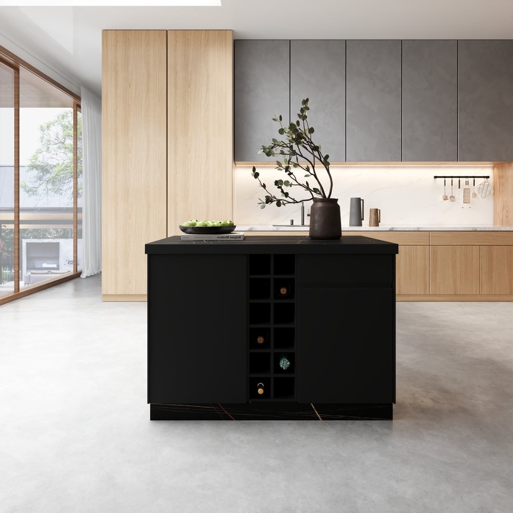 Armoire de cuisine de rangement en bois noir Japandi Kitchen Island 1270 mm avec lumière image de fenêtre