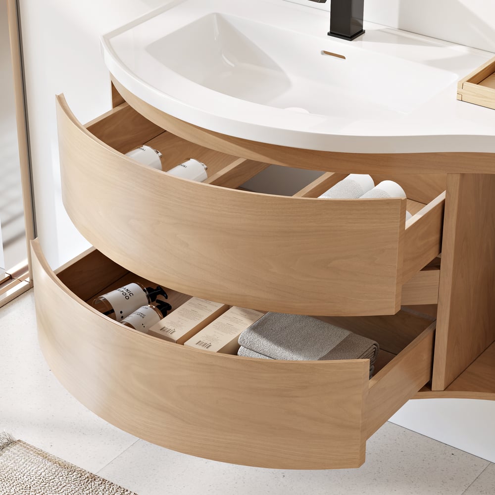 900mm Floating Curved Bathroom Vanity Natural Left Offset Single Sink Bathroom Cabinet window image