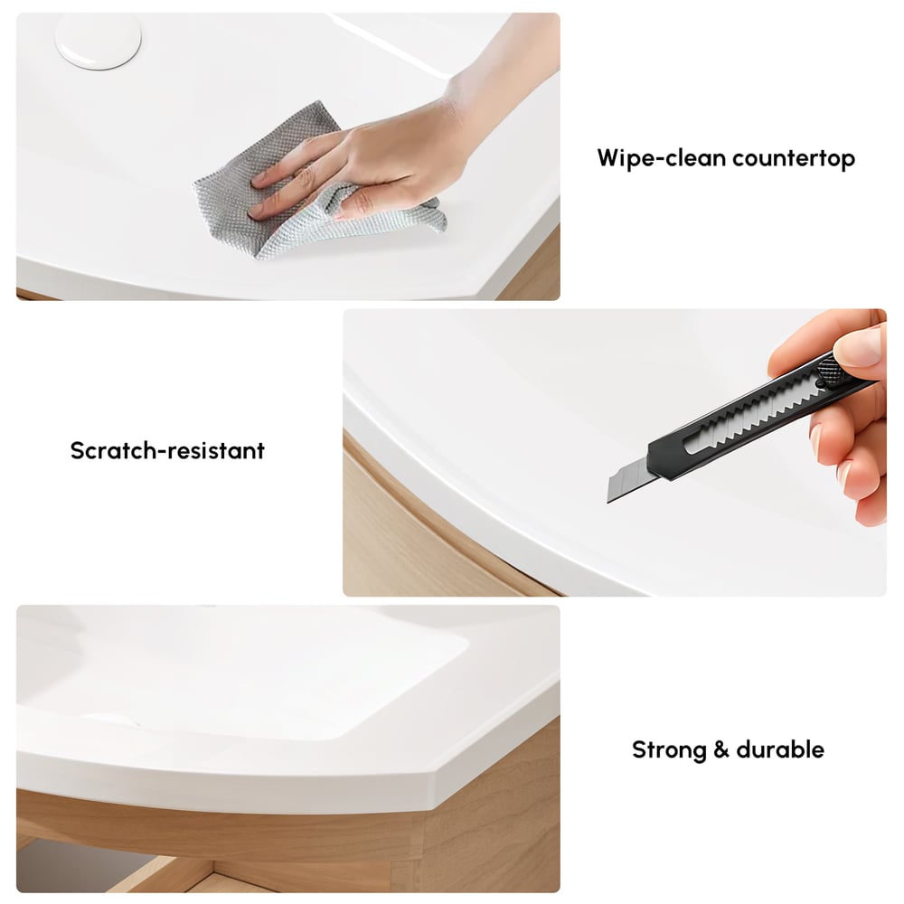 35.4" Floating Curved Bathroom Vanity Natural Right Offset Single Sink Bathroom Cabinet window image