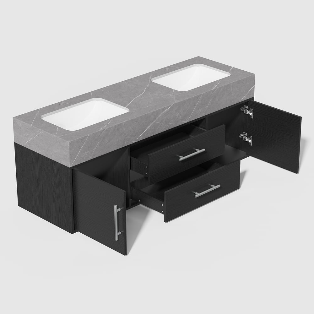 Vanité de salle de bain noire à double vasque de 1500 mm avec poignées argentées, design flottant image de fenêtre