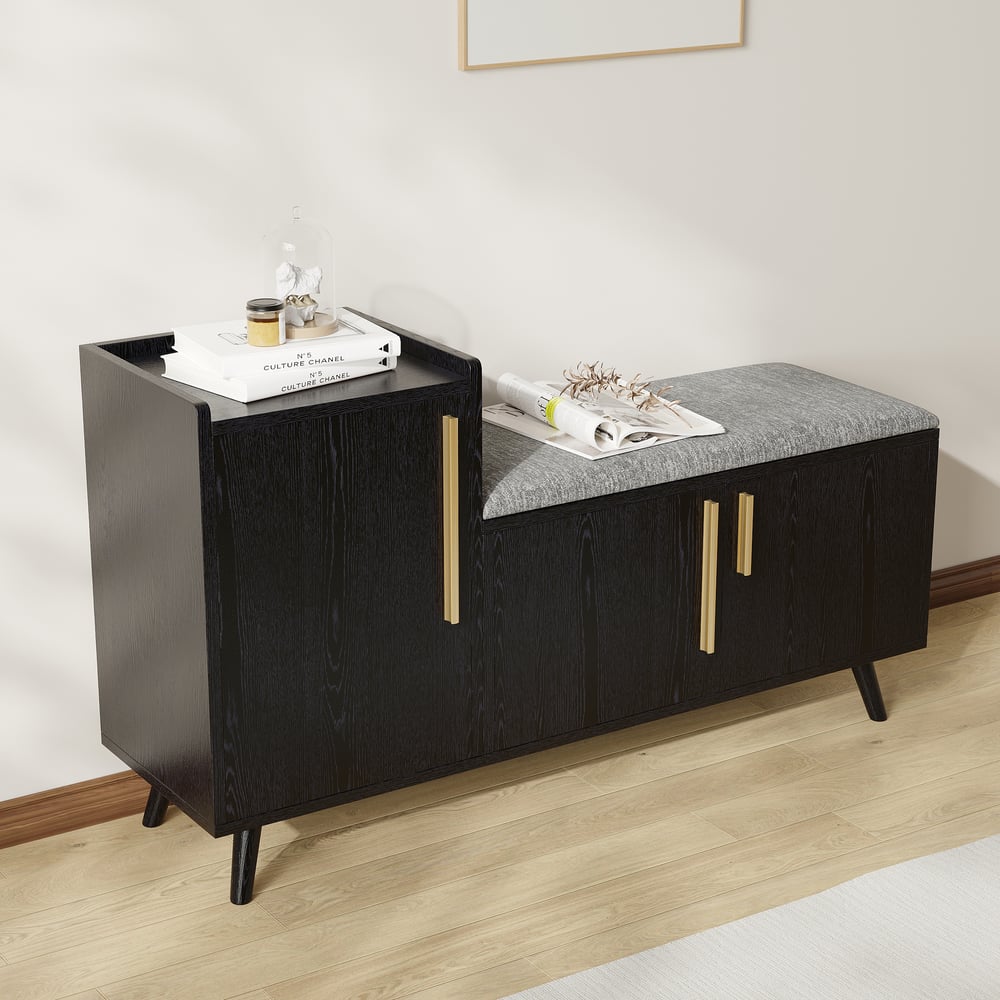 Banco de armazenamento de sapatos de madeira preta de 1200 mm com 3 portas e 5 prateleiras para entrada Imagem da janela