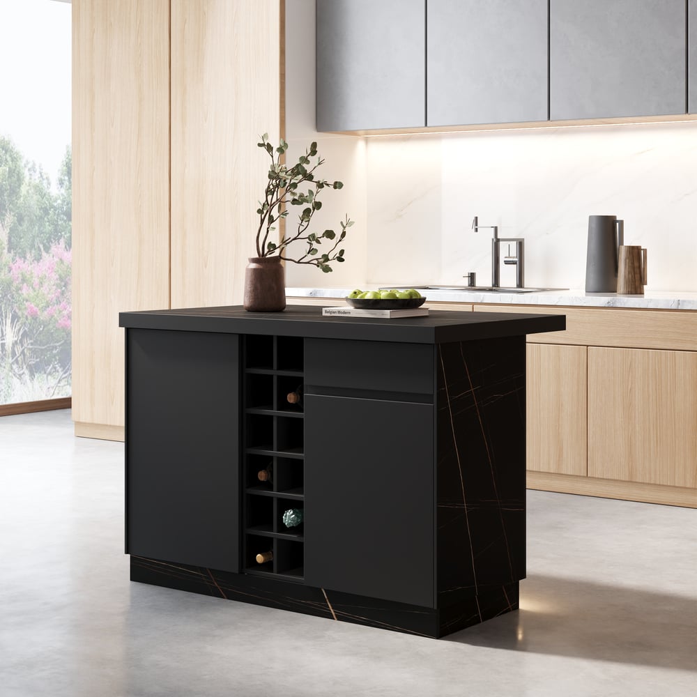 1830mm Japandi Kitchen lsland Grey & 2 Counter Stools Set Wooden Storage Cabinet window image