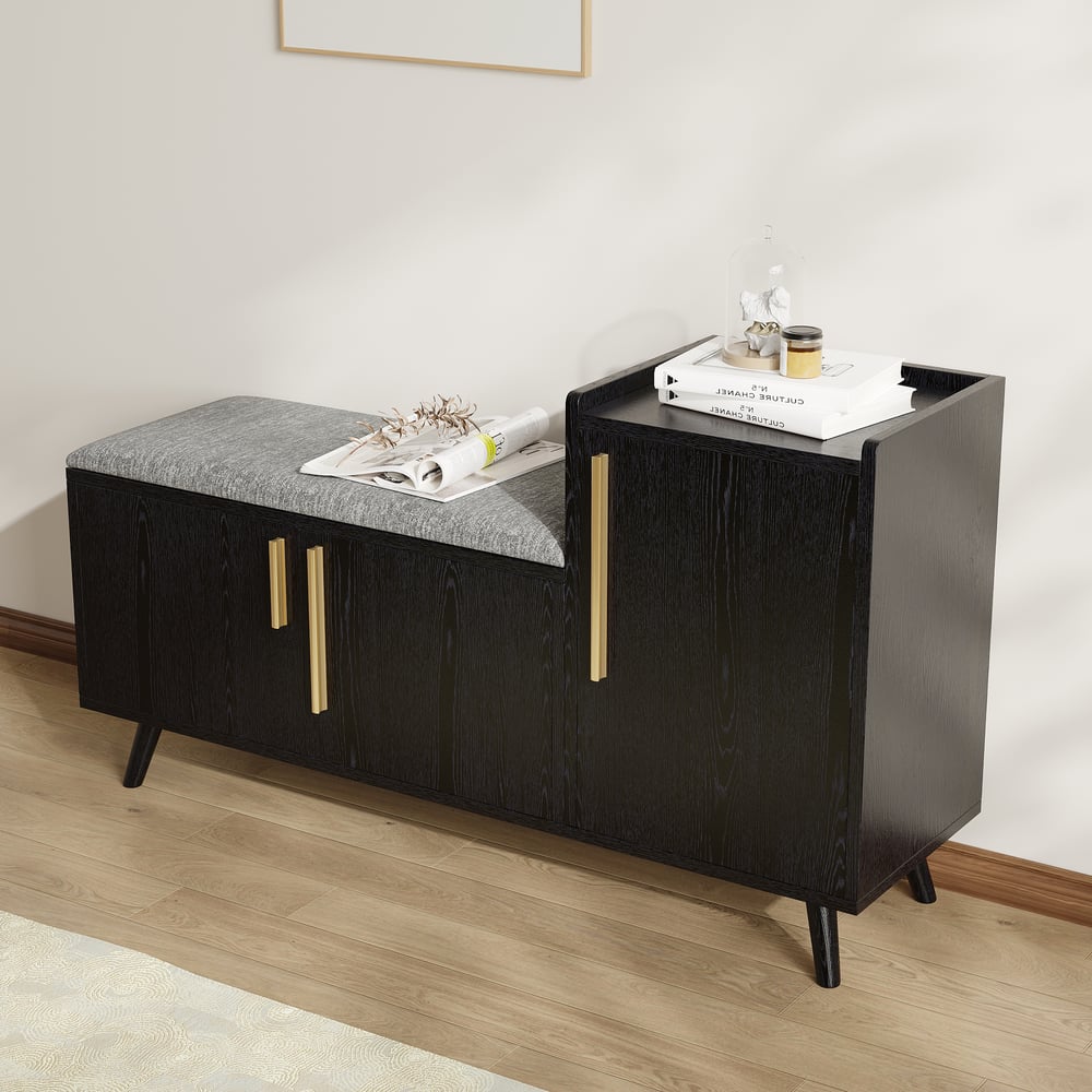 Black Wooden Shoe Storage Bench with Right-Side Cabinet for Entryway (47") window image