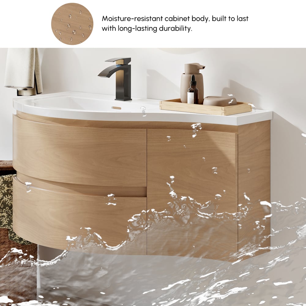 900mm Floating Curved Bathroom Vanity Natural Left Offset Single Sink Bathroom Cabinet window image