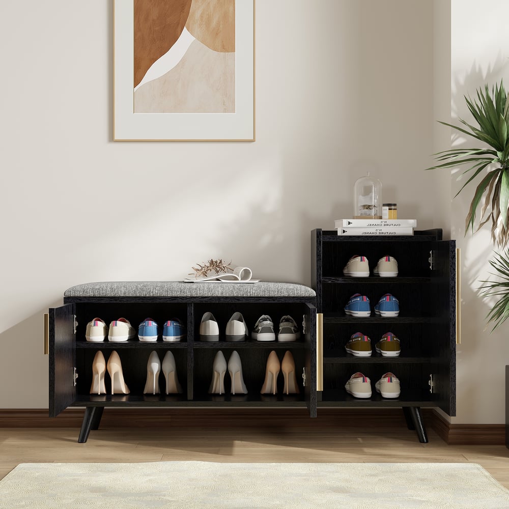 Black Wooden Shoe Storage Bench with Right-Side Cabinet for Entryway (47") window image