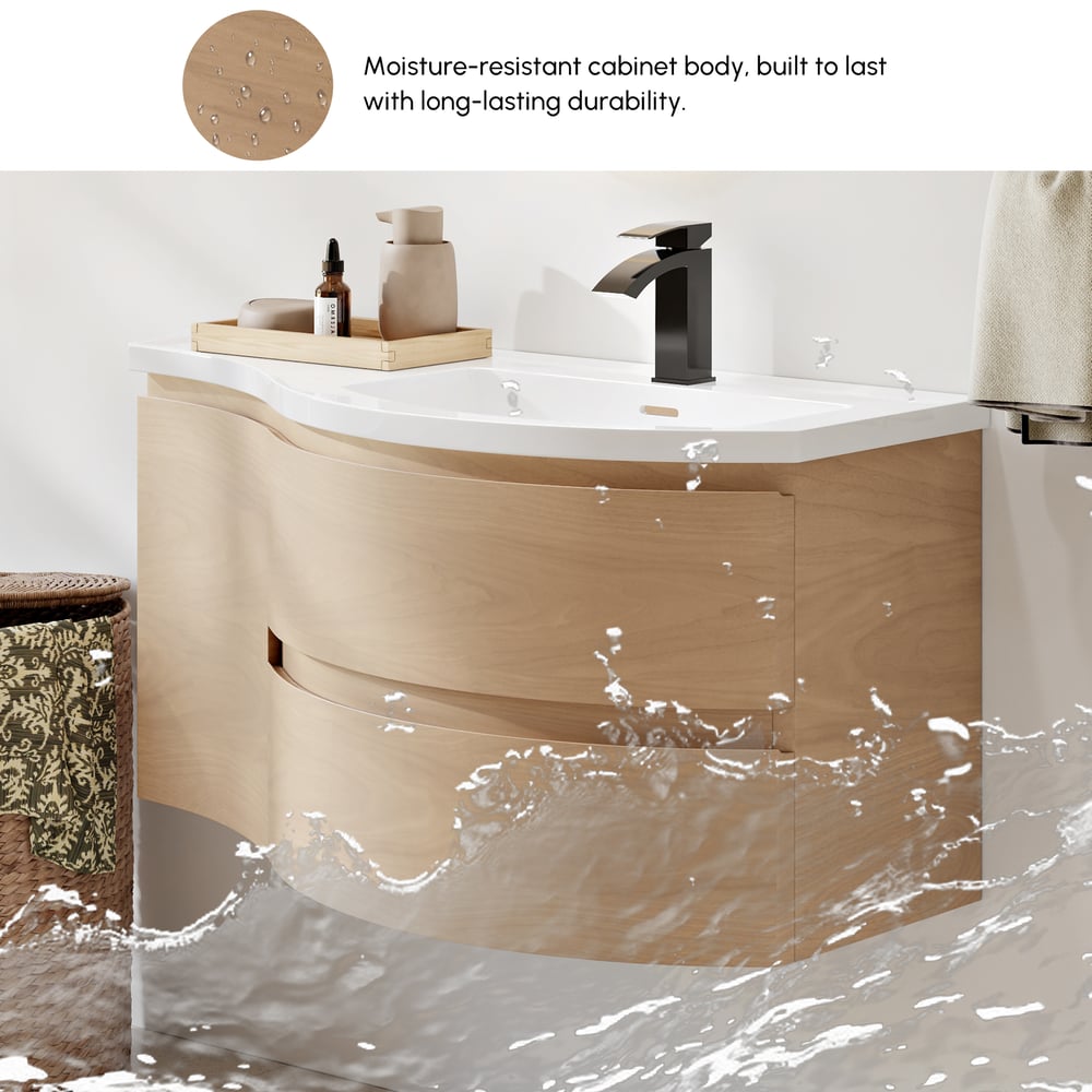 35.4" Floating Curved Bathroom Vanity Natural Right Offset Single Sink Bathroom Cabinet window image