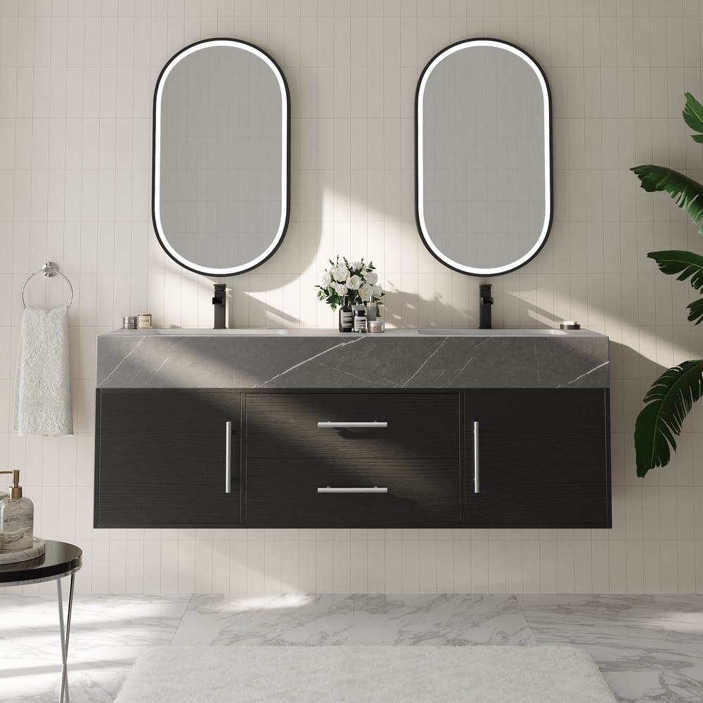 Vanité de salle de bain noire à double vasque de 1500 mm avec poignées argentées, design flottant image de fenêtre