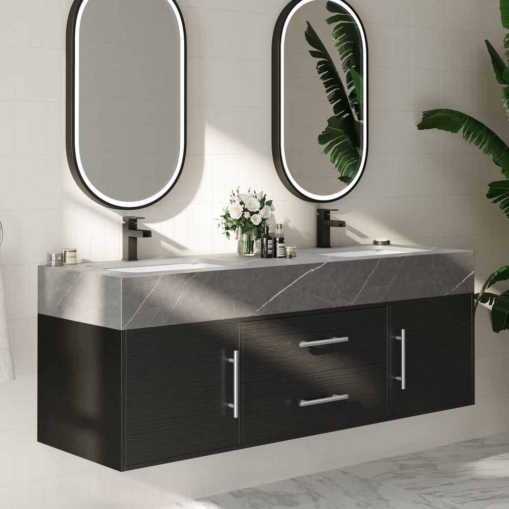 Vanité de salle de bain noire à double vasque de 1500 mm avec poignées argentées, design flottant image de fenêtre