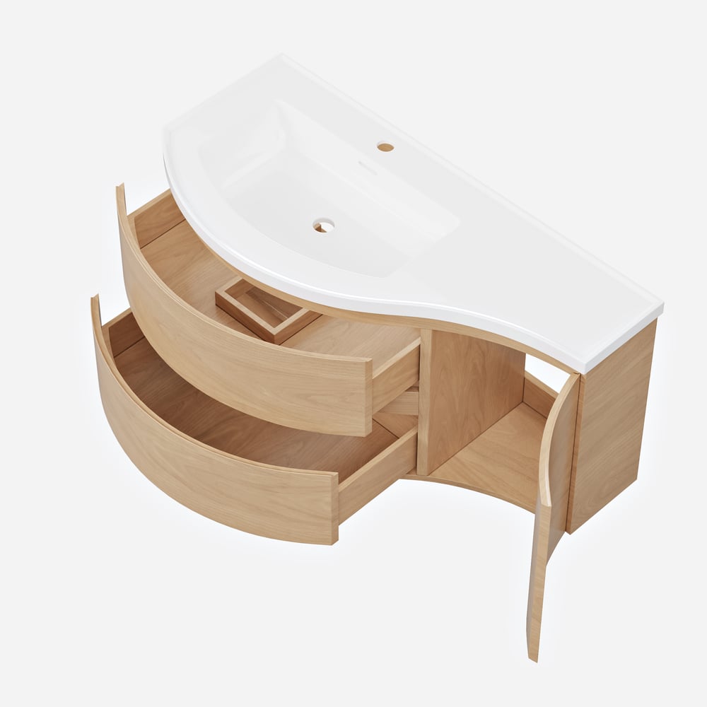 900mm Floating Curved Bathroom Vanity Natural Left Offset Single Sink Bathroom Cabinet window image