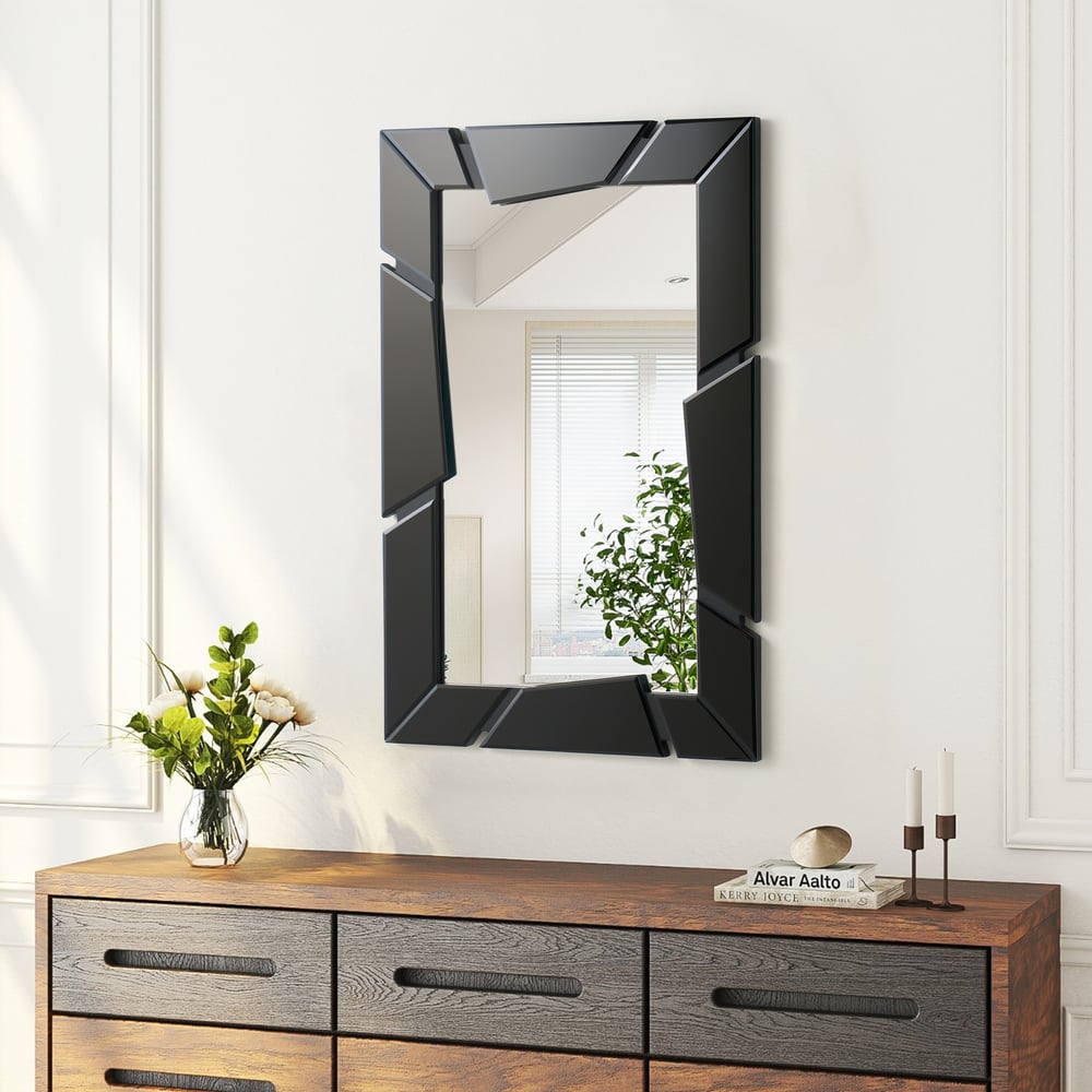 Black Wall Mirror 35.4" × 23.6" – Engineered Wood Frame, Horizontal & Vertical Hanging window image