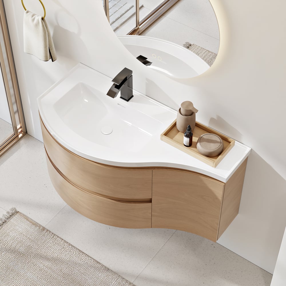 900mm Floating Curved Bathroom Vanity Natural Left Offset Single Sink Bathroom Cabinet window image