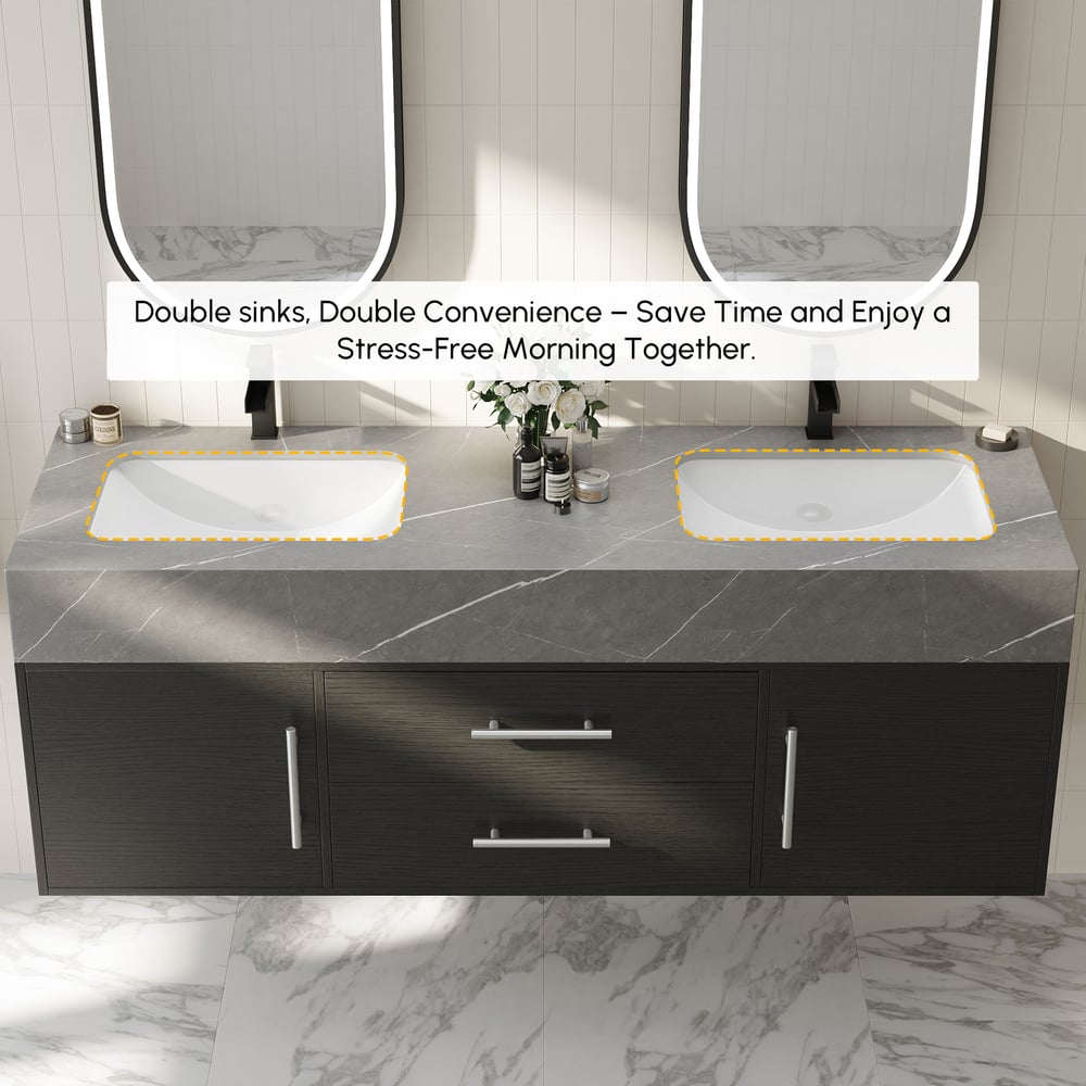 Vanité de salle de bain noire à double vasque de 1500 mm avec poignées argentées, design flottant image de fenêtre