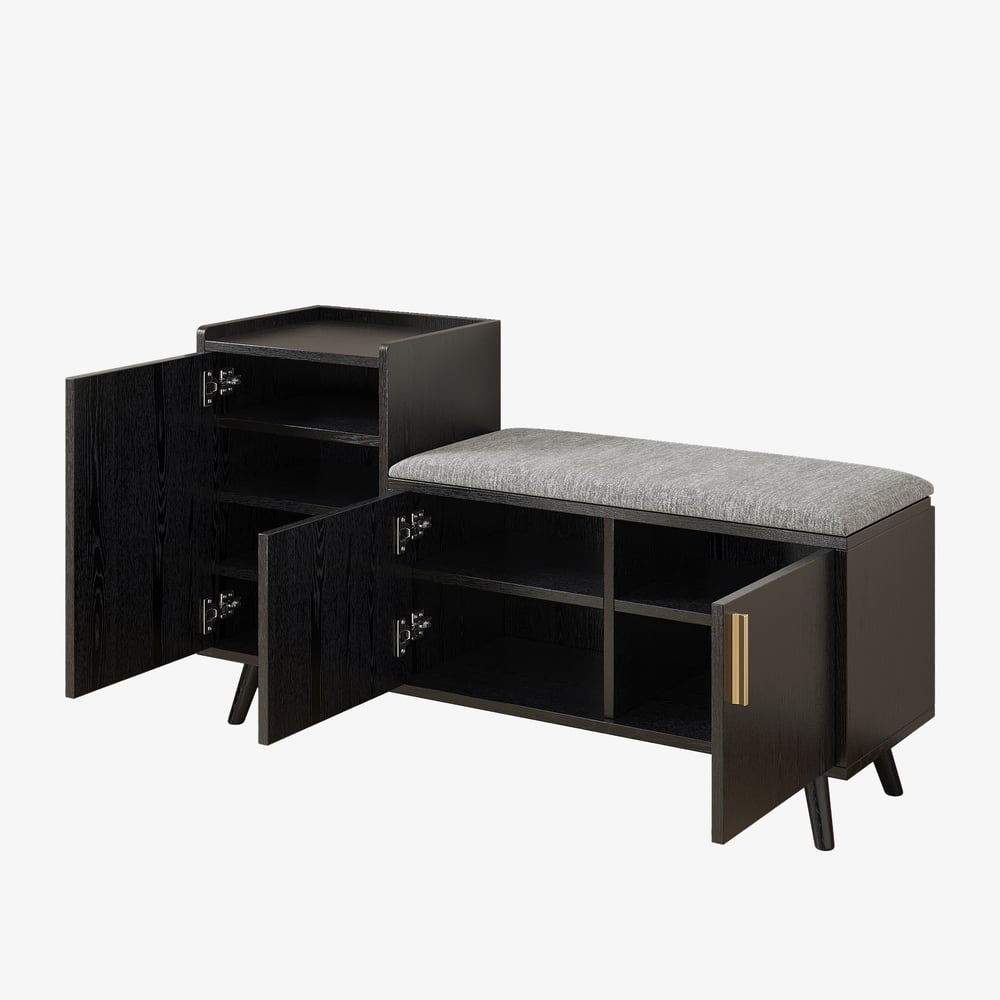 Banco de armazenamento de sapatos de madeira preta de 1200 mm com 3 portas e 5 prateleiras para entrada Imagem da janela