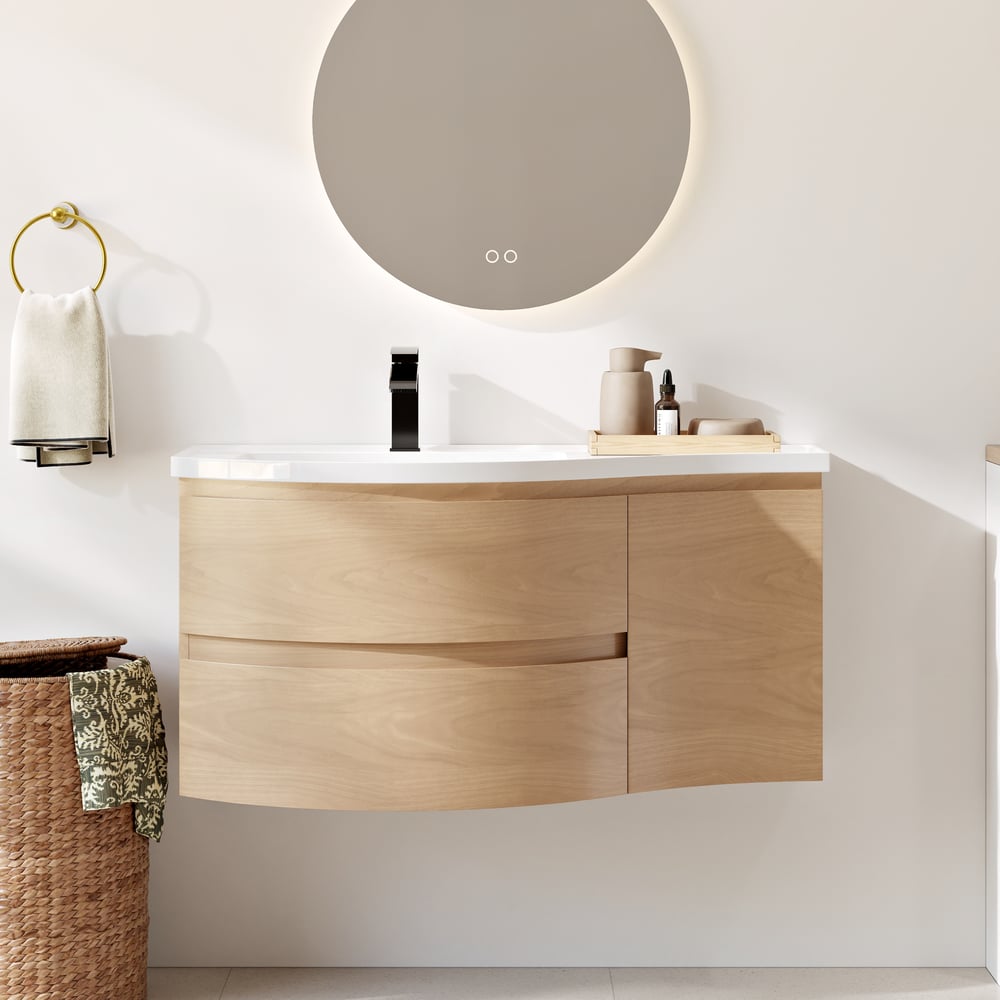 900mm Floating Curved Bathroom Vanity Natural Left Offset Single Sink Bathroom Cabinet window image