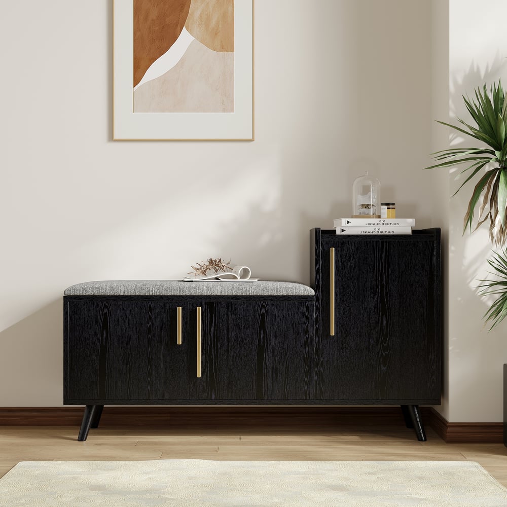 Black Wooden Shoe Storage Bench with Right-Side Cabinet for Entryway (47") window image