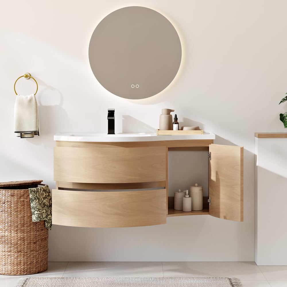 900mm Floating Curved Bathroom Vanity Natural Left Offset Single Sink Bathroom Cabinet window image