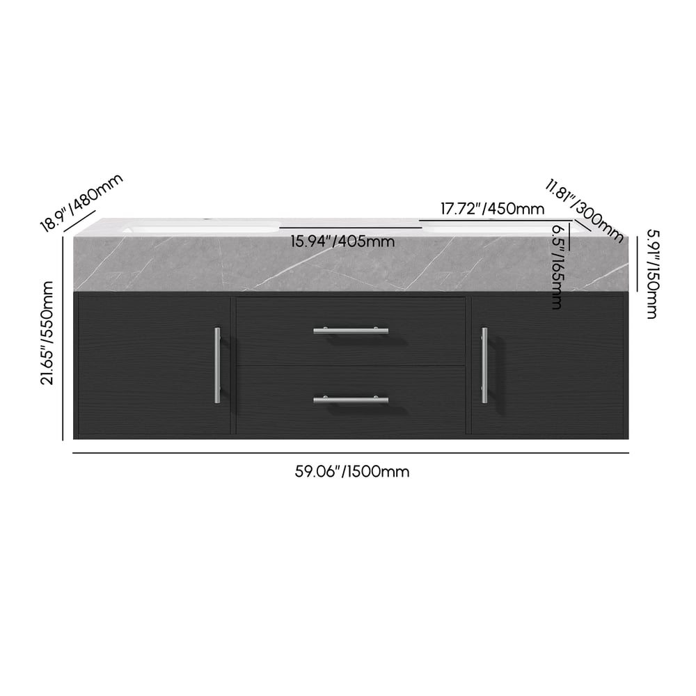 Vanité de salle de bain noire à double vasque de 1500 mm avec poignées argentées, design flottant Poids, dimensions, image