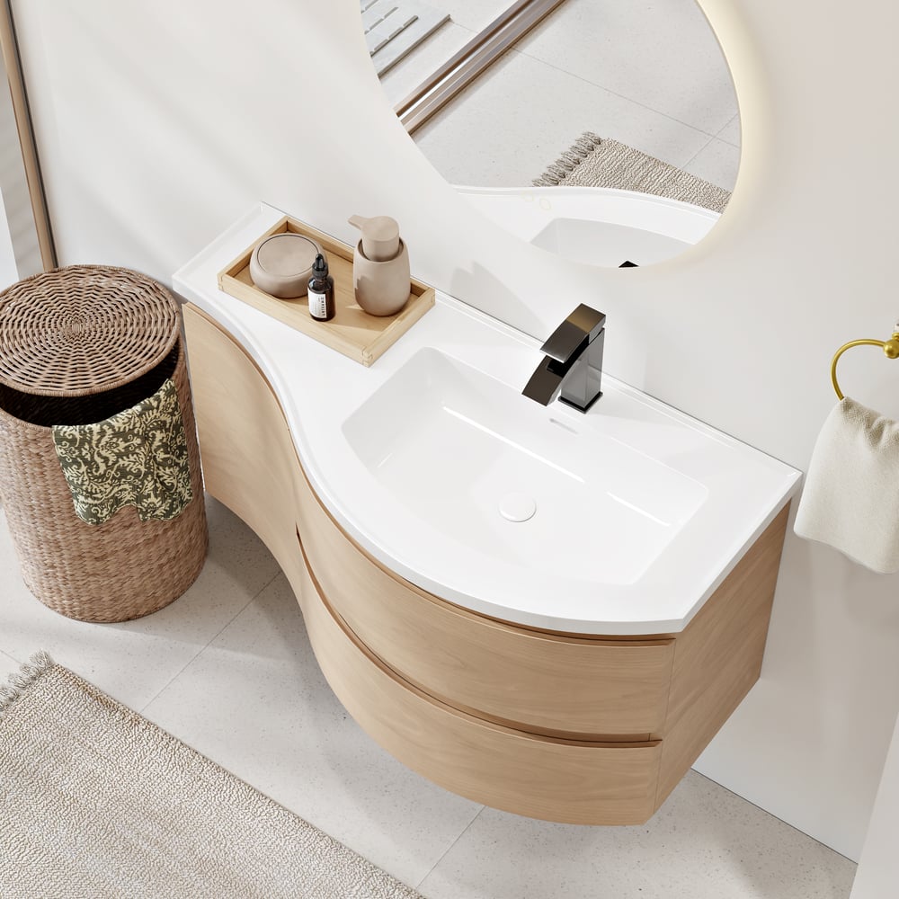 35.4" Floating Curved Bathroom Vanity Natural Right Offset Single Sink Bathroom Cabinet window image