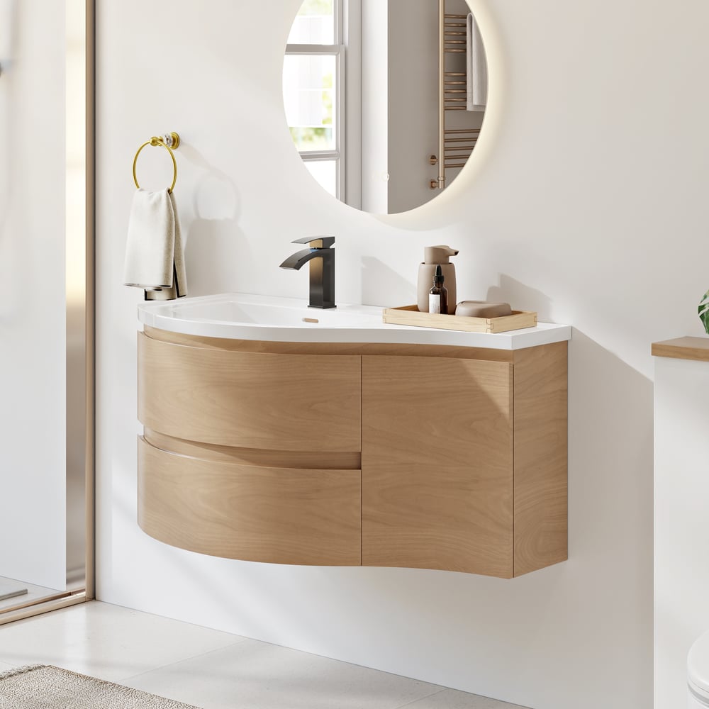 900mm Floating Curved Bathroom Vanity Natural Left Offset Single Sink Bathroom Cabinet window image