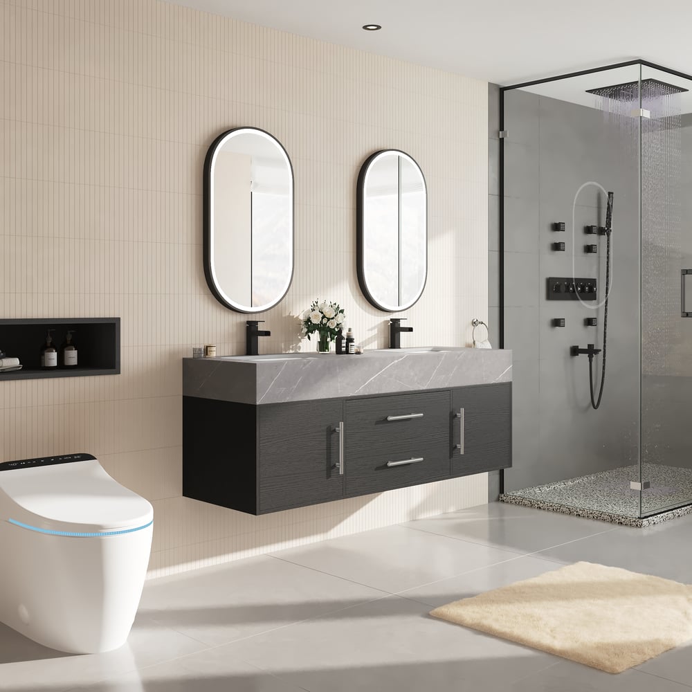 Vanité de salle de bain noire à double vasque de 1500 mm avec poignées argentées, design flottant image de fenêtre