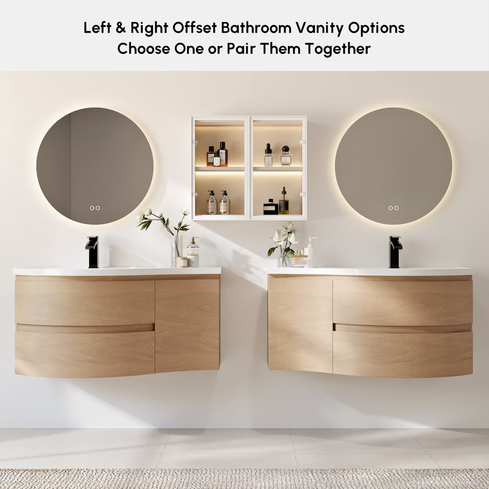 900mm Floating Curved Bathroom Vanity Natural Left Offset Single Sink Bathroom Cabinet window image