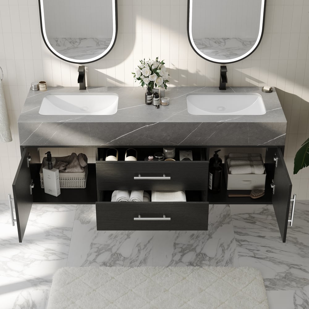 Vanité de salle de bain noire à double vasque de 1500 mm avec poignées argentées, design flottant image de fenêtre