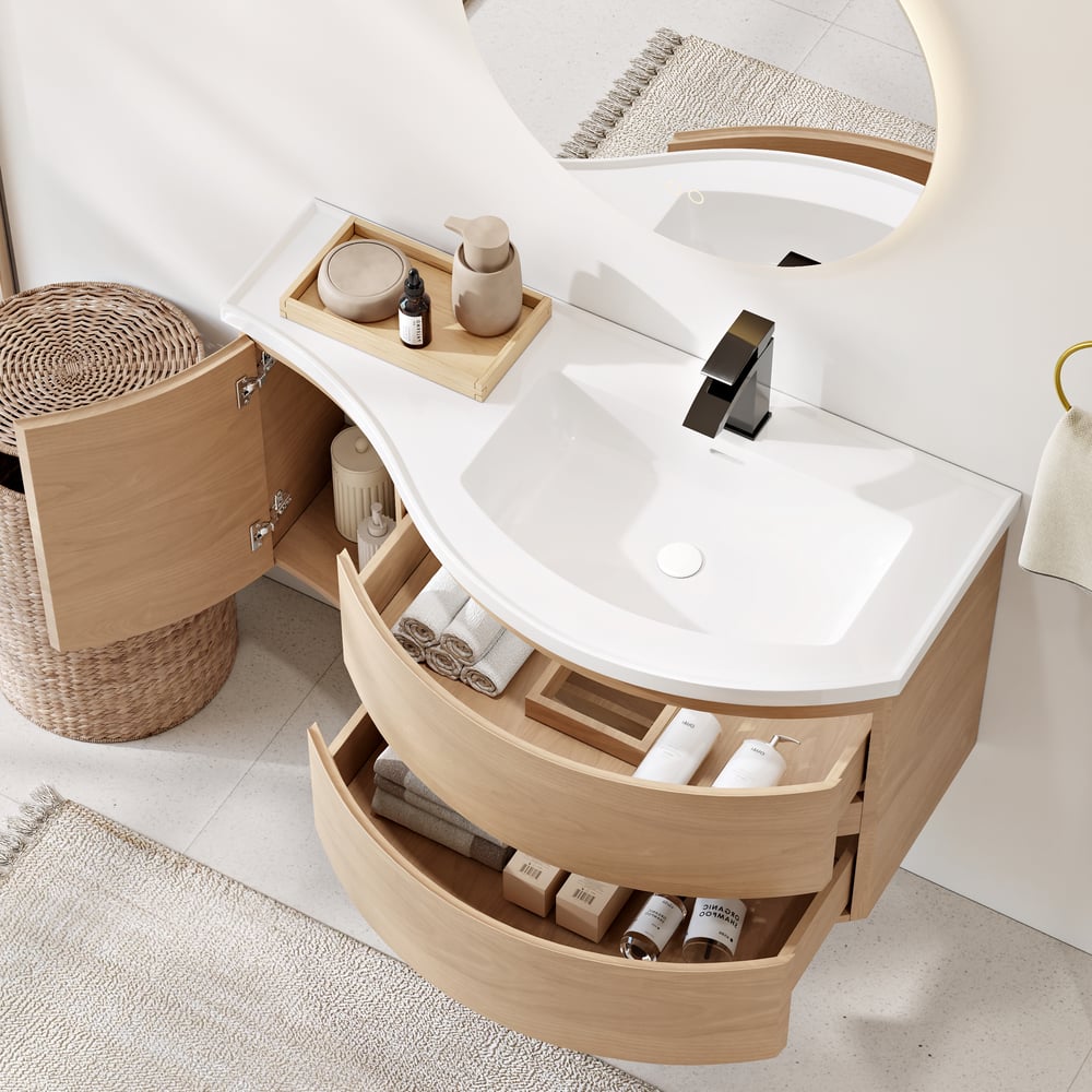 35.4" Floating Curved Bathroom Vanity Natural Right Offset Single Sink Bathroom Cabinet window image