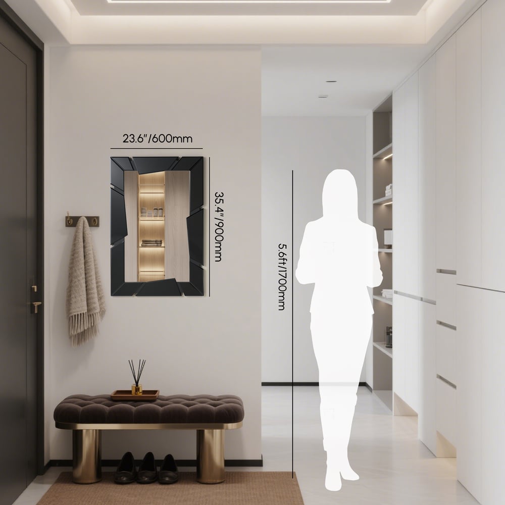 Black Wall Mirror 35.4" × 23.6" – Engineered Wood Frame, Horizontal & Vertical Hanging weights dimensions image