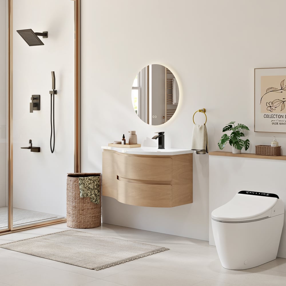 35.4" Floating Curved Bathroom Vanity Natural Right Offset Single Sink Bathroom Cabinet window image