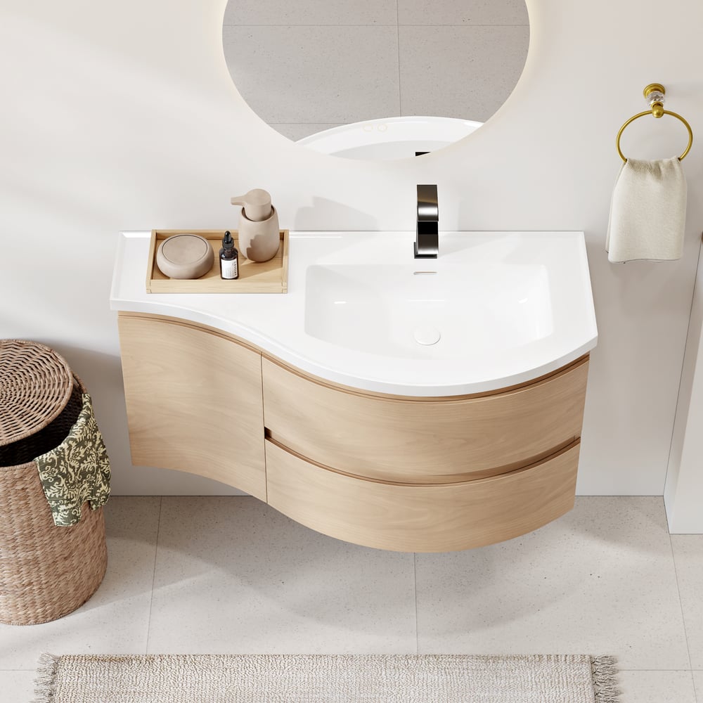 35.4" Floating Curved Bathroom Vanity Natural Right Offset Single Sink Bathroom Cabinet window image