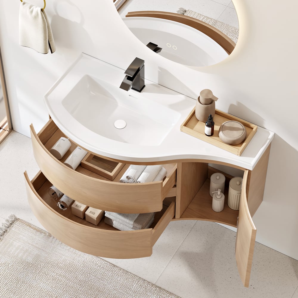 900mm Floating Curved Bathroom Vanity Natural Left Offset Single Sink Bathroom Cabinet window image