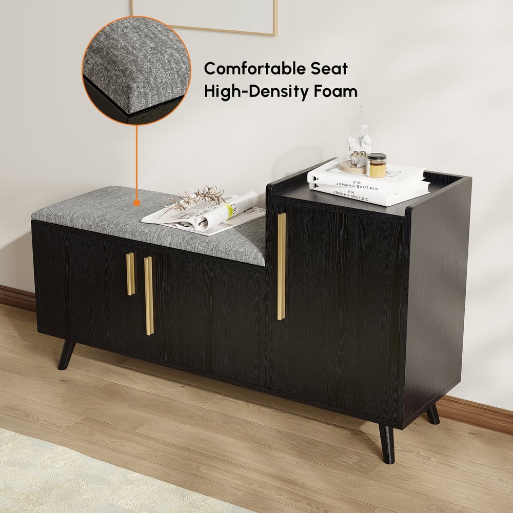 Black Wooden Shoe Storage Bench with Right-Side Cabinet for Entryway (47") window image