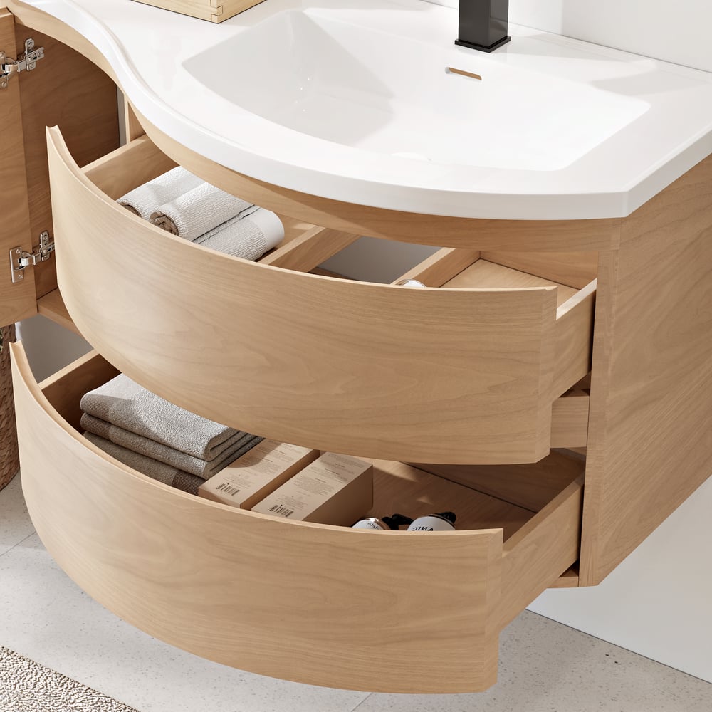 35.4" Floating Curved Bathroom Vanity Natural Right Offset Single Sink Bathroom Cabinet window image