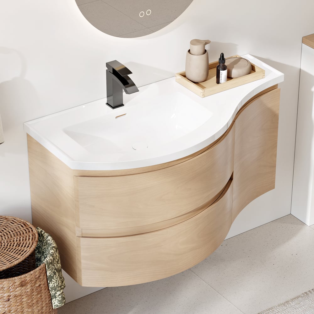 900mm Floating Curved Bathroom Vanity Natural Left Offset Single Sink Bathroom Cabinet window image