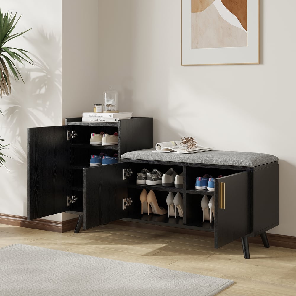 Banco de armazenamento de sapatos de madeira preta de 1200 mm com 3 portas e 5 prateleiras para entrada Imagem da janela