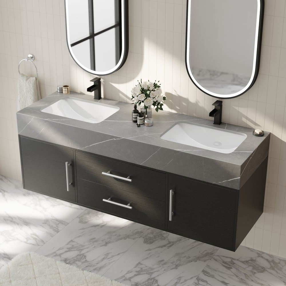 Vanité de salle de bain noire à double vasque de 1500 mm avec poignées argentées, design flottant image de fenêtre