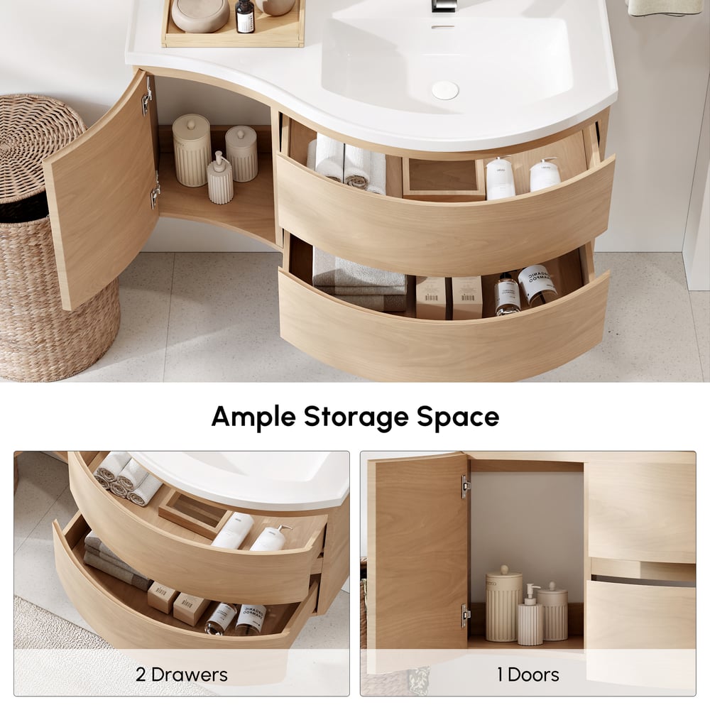 35.4" Floating Curved Bathroom Vanity Natural Right Offset Single Sink Bathroom Cabinet window image