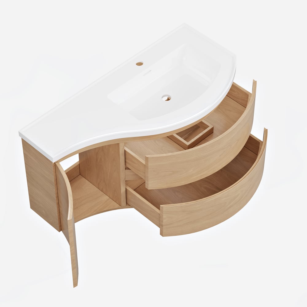 35.4" Floating Curved Bathroom Vanity Natural Right Offset Single Sink Bathroom Cabinet window image