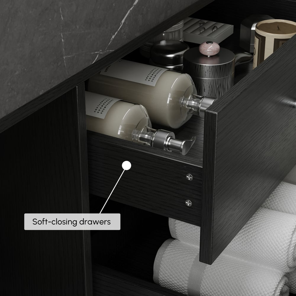 Vanité de salle de bain noire à double vasque de 1500 mm avec poignées argentées, design flottant image de fenêtre